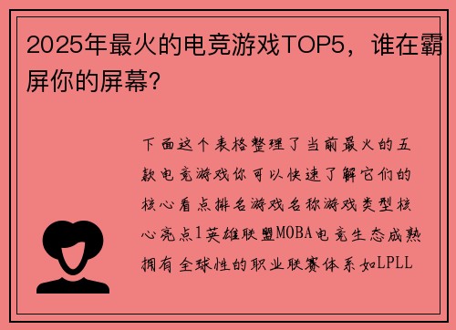 2025年最火的电竞游戏TOP5，谁在霸屏你的屏幕？